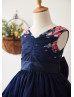 Navy Blue Printed Floral Chiffon Wedding Flower Girl Dress 